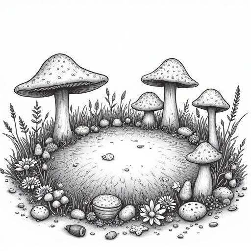 Black-and-white line art illustration in goblincore style depicting forest clearing with fairy ring of mushrooms. Various sizes and types of mushrooms form a circular pattern surrounded by wildflowers and grasses. Features elements like wooden bucket, acorns, tangled vines, scattered feathers, patches of moss, ferns, leaves, and twigs for texture. Clean negative space with solid black outlines for clear coloring.