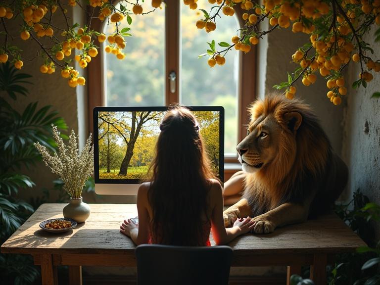Stunning woman with long hair sits at a wooden desk in front of a computer. A large maned lion lies next to her. The woman watches a nature film on the monitor. Birds fly out of the monitor. Yellow fruits hang from a blossoming tree in the room. A small stream flows through the room.