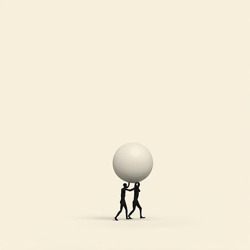 Two minimalist tiny human figures carrying a giant lamp bulb in an abstract style emphasizing negative space and simplicity.