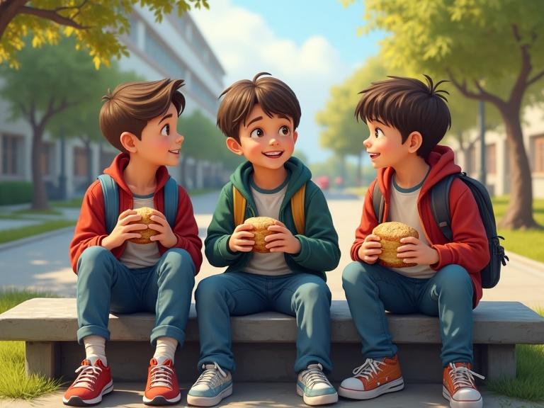 Three boys sitting on a metallic bench in a schoolyard. Casual school clothes. Chatting and eating sandwiches. Cheerful expressions. Bright daytime atmosphere with sunlight. School building and trees in the background.