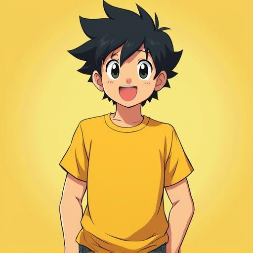 Anime boy wearing a bright yellow T-shirt. Character has spiky black hair and an enthusiastic smile. Background is a simple yellow gradient.