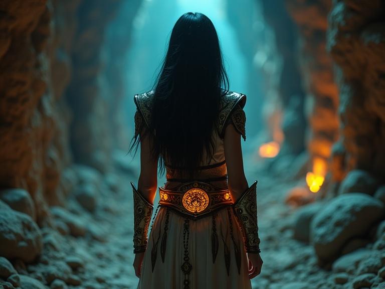 A woman stands in the dimly lit Crypt of Harar Jugol. Enchanted daggers glow on her belt and she wears detailed light armor with mystical symbols. The magic creates an aura around her eyes. Black hair contrasts against luminescent veins in the crypt.