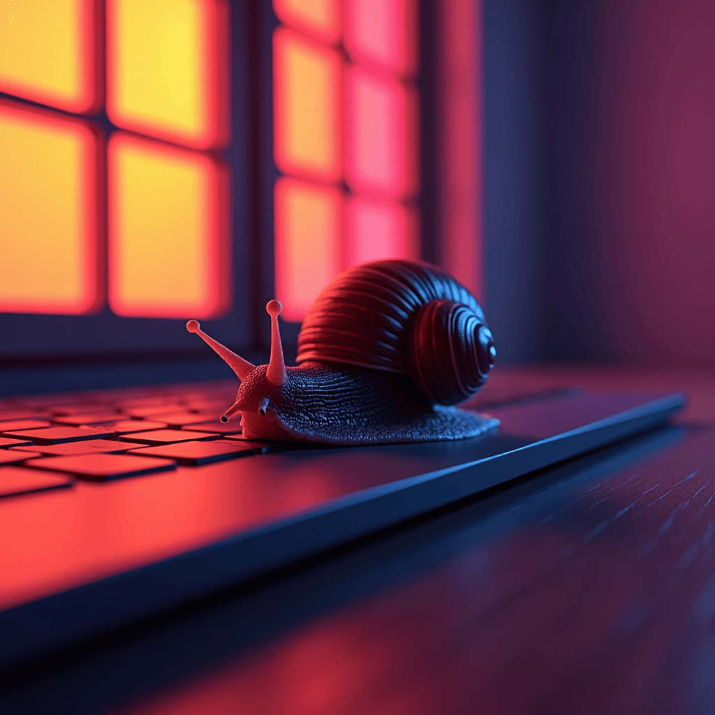 A snail crawls across a laptop keyboard, bathed in warm, diffused light from a nearby window, creating a cozy ambiance with shades of red and blue.