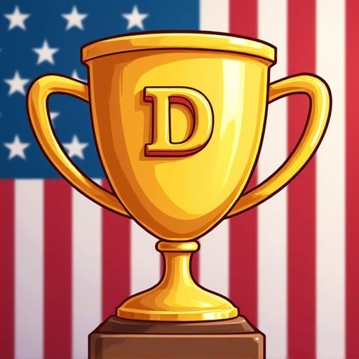 Golden trophy with the letter D on the front. American flag in the background. Cartoon-like style.