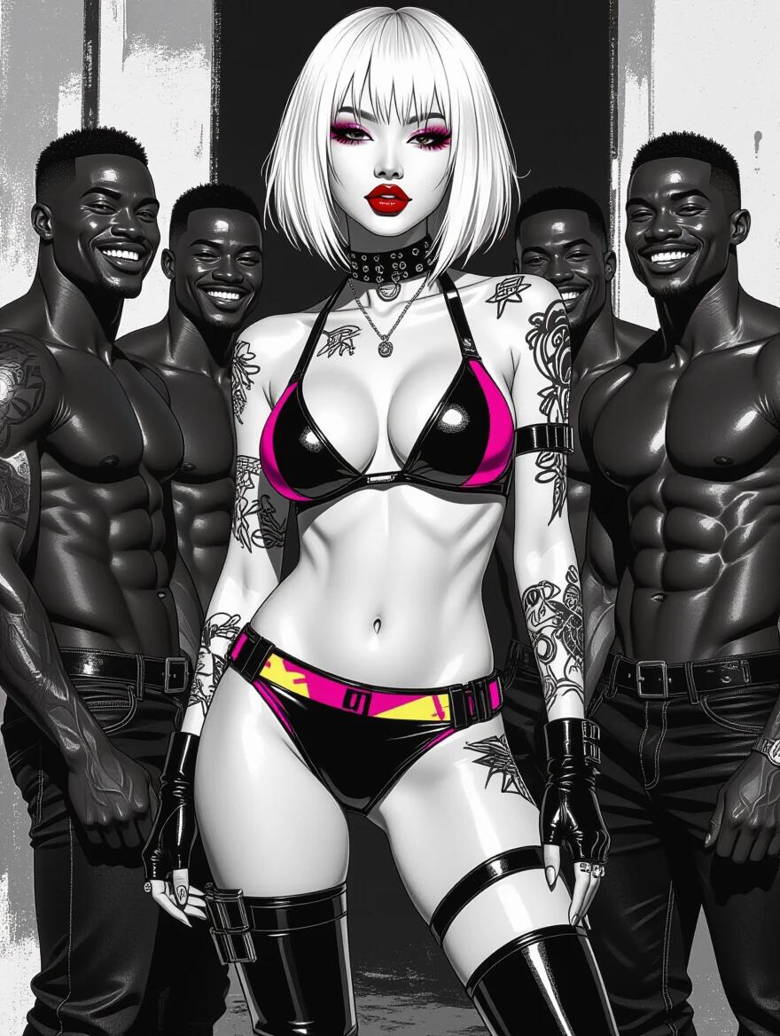 Cyberpunk model in edgy bright bikini and asymmetric bob-cut hairstyle. Bold makeup on the model. Tattoos visible on the body. Model wearing high boots. Three muscular black men standing beside her. Men are smiling slyly and looking at her. Artwork in black and white comic style. Model is bending to the side.