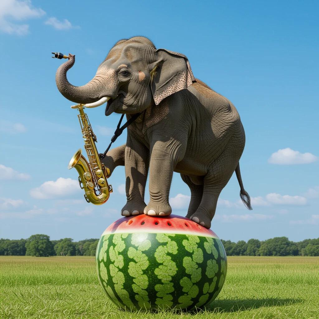 Elephant plays saxophone while balancing on a watermelon unicycle in an open field under a blue sky.