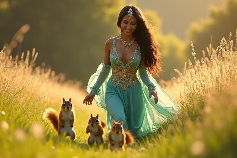 A tall Arabian princess walks through a sunlit meadow. She interacts with golden-brown squirrels and baby squirrels. The scene shows her smiling warmly. She kneels slightly to welcome the animals. She wears a turquoise outfit with gold embroidery. The meadow is bathed in golden light.