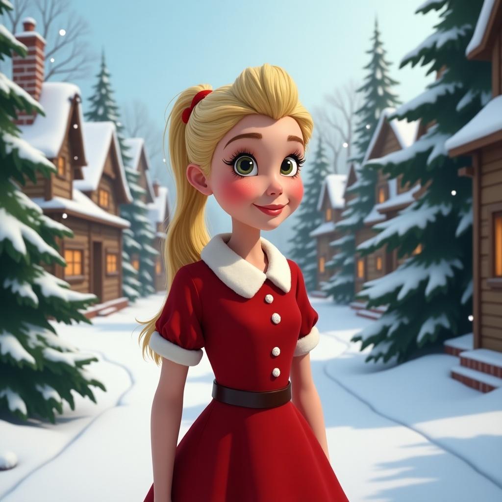 Cindy Lou Who stands in a winter village. She has blonde hair styled in a ponytail. She wears a red dress with white trim. Snowy houses and evergreen trees are in the background. The Grinch is present.