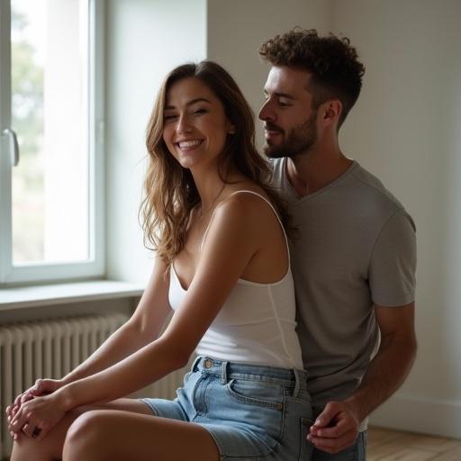 A couple inside their room wearing casual outfits. The guy holds her hands behind her back to the chair while she enjoys it.