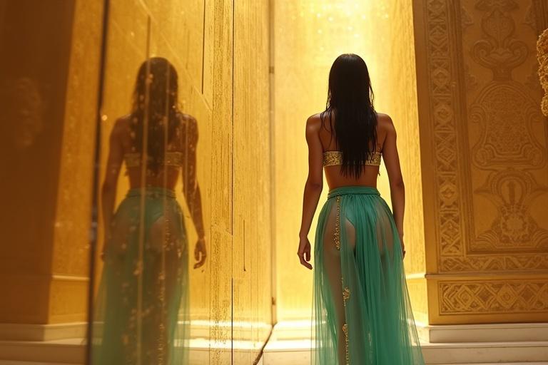 Tall Arabian princess enters golden temple behind enchanted mirrors. Captured from side view descending staircase. Soaked turquoise outfit clings to body. Shiny black hair flows down. Mirrored wall reflects layers creating a magical effect.