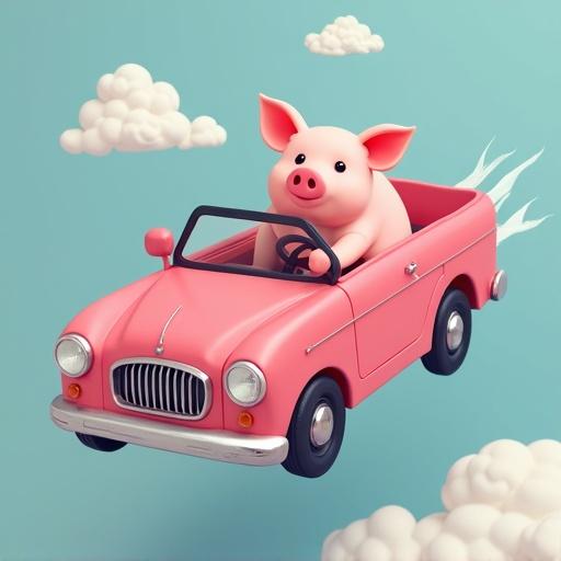 A pink pig is driving a pink convertible car. The background features fluffy white clouds against a light blue sky. The car is in motion, suggesting it is flying or speeding. The scene is cheerful and playful.