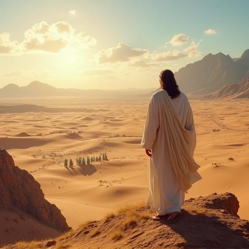 Jesus figure standing on mountain looking at desert landscape. In the distance, a city appears in the desert.