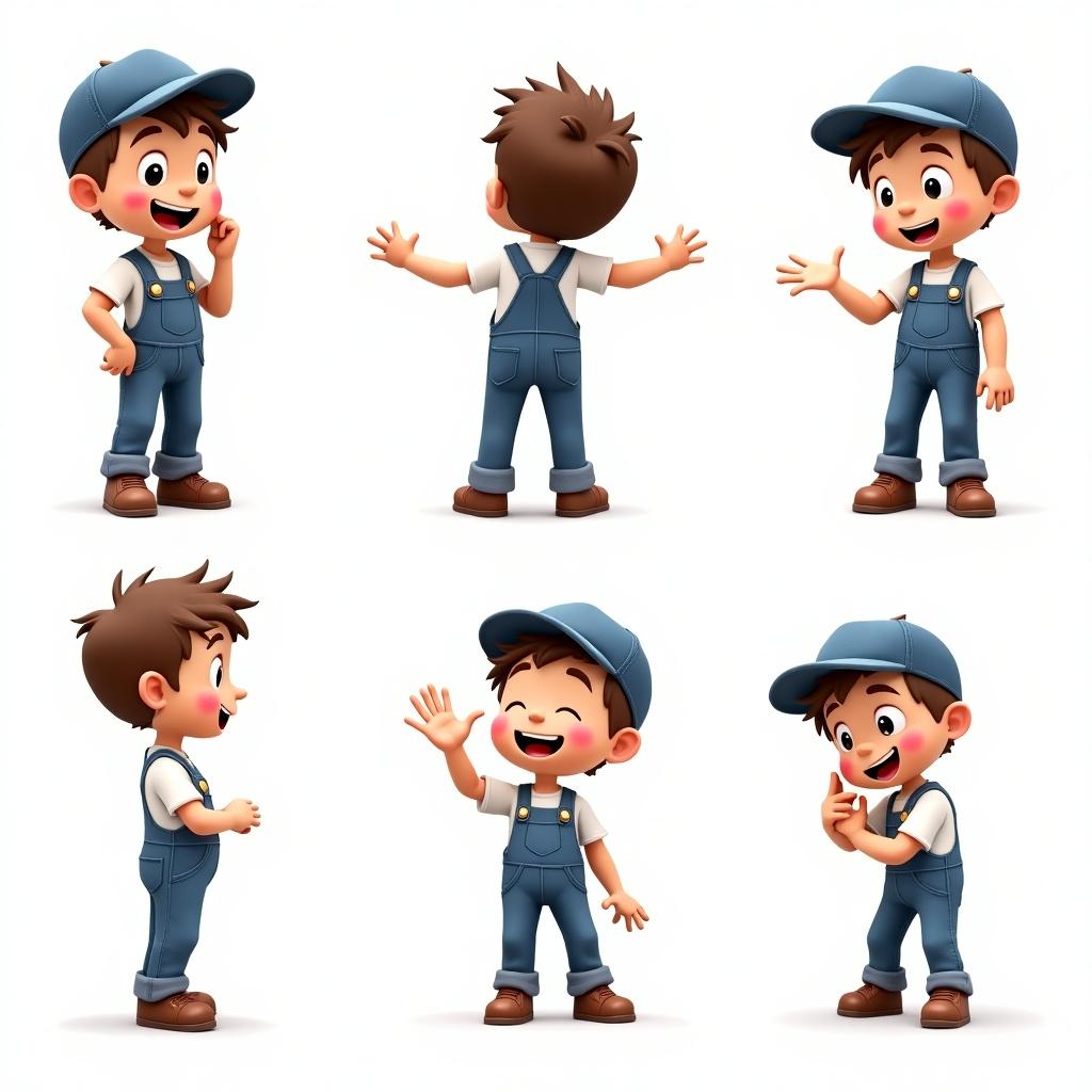 This image showcases a cheerful animated boy character depicted in various poses. He has short hair and wears overalls along with a blue denim hat. His appearance has slight grease splotches, indicating he is a mechanic. Each pose captures a lively moment, with one showing the boy in a thinking pose. This character could serve versatile roles in children's media, from book illustrations to animations and beyond.