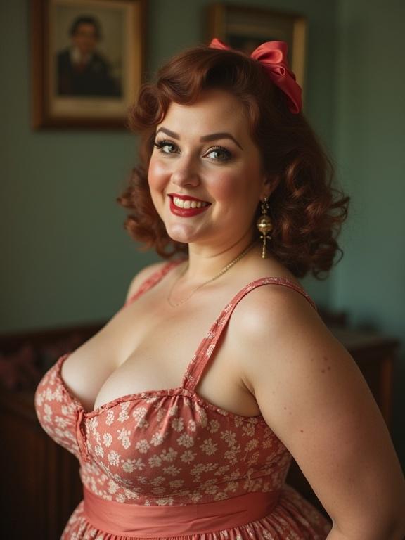 Portrait of a chubby woman in a vintage floral dress. She has curly hair and a pink bow. The setting is elegant and retro. The subject is smiling and looking directly at the viewer.