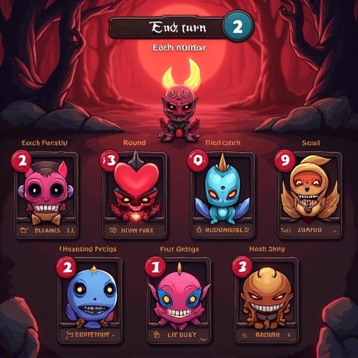 Gameplay screen showcasing end turn in a card game. Features cartoonish characters with various abilities set in a dark fantasy world. Red color palette with black borders. Health bars located at the top and heart icons indicating life points. Deck of cards displayed on the bottom left with skills for combat. Round number 2 is prominently displayed in the center.
