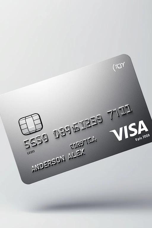 Realistic depiction of a credit card displaying distinct details. Card features the Visa logo prominently. Card number is 5598880391237171 below the logo. Cardholder's name is Anderson Alex, aligned accurately. Expiry date is July 2029 noted at the bottom. Clean appearance with a silver background and bold black font. Represents a standard credit card used for financial transactions.