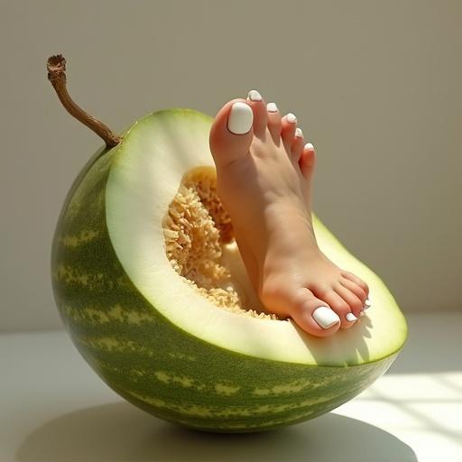 A young woman's foot with white toenail polish and a toering resting inside a halved melon. The melon has a vibrant green exterior and a soft, textured interior. The image captures the uniqueness of the scene with soft natural lighting.