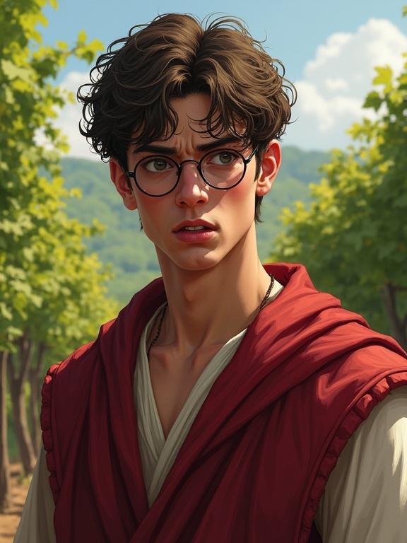A young timid man in his early 20s wearing round glasses and robes. He appears worried and pensive in an outdoor setting surrounded by wine vines. The artwork is a digital painting in a semirealistic fantasy style reminiscent of Grzegorz Domaradzki.