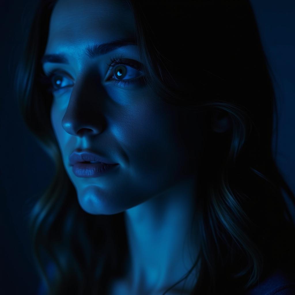 A woman in a dark setting illuminated with a gentle blue light.