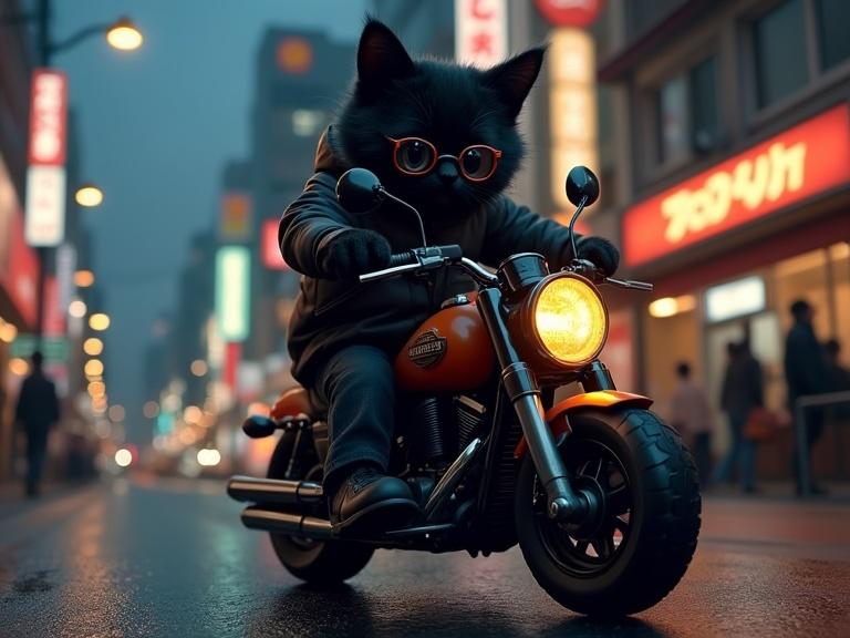 Realistic rendering of a young humanoid black cat on a mini Harley-style motorcycle wearing biker glasses in a Tokyo street at night