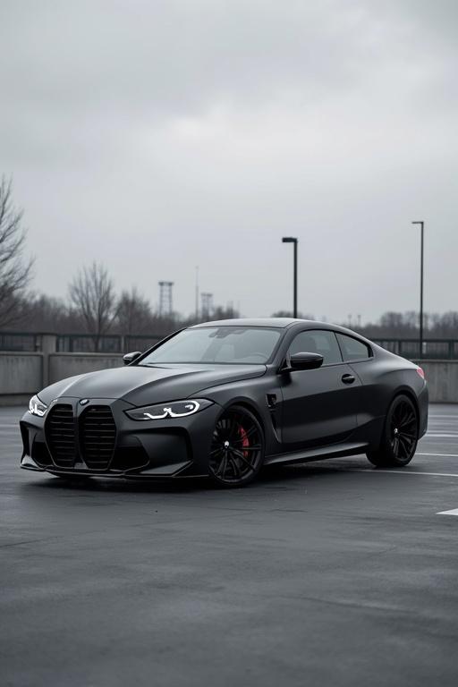 BMW M4 2024 in matte black parked in a parking lot with a diminished grey background