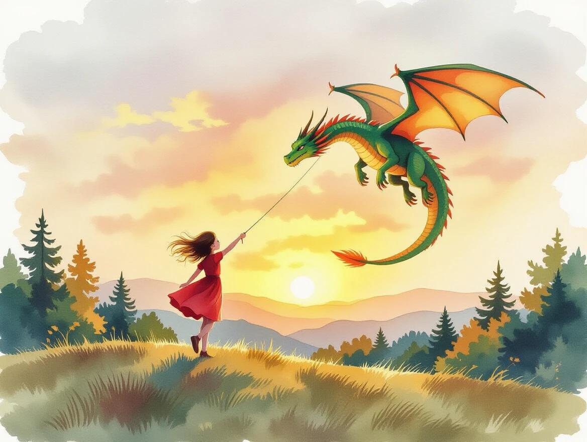 Watercolor painting depicts a girl flying a dragon kite on a hill. She wears a red dress with wind blowing through her hair. Background features sweeping hills and trees under a sunset sky. Golden soft lighting enhances the magical scene.
