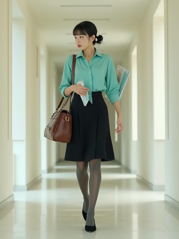 Photorealistic image of a young East Asian female agent walking gracefully through an agency building corridor. She wears a turquoise blouse and black knee-length skirt. Charcoal-grey pantyhose and black closed-toe heels complete her outfit. She carries a stack of intel files and has a brown satchel slung over her shoulder. Black hair is neatly styled with a cute white flower clip. A slight smile shows determination. The ambiance of the corridor is modern and bright.