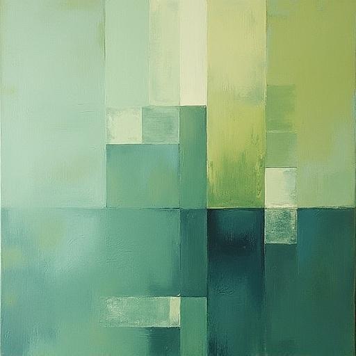 Mid-century modern sage green abstract artwork featuring geometric patterns. Soft colors blend in an oil painting style. Suitable for contemporary home decoration.