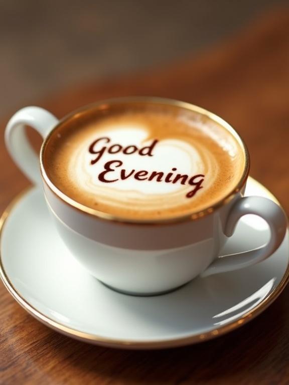 Exquisite ultra-realistic 3D render of café con leche in a luxurious white cup with elegant fine gold rim. Rich velvety foam spells out good evening. 12K precision capture enhanced with 10XA detailing every texture reflection warm hue. Hyper-real tribute to evening rituals aesthetic indulgence.