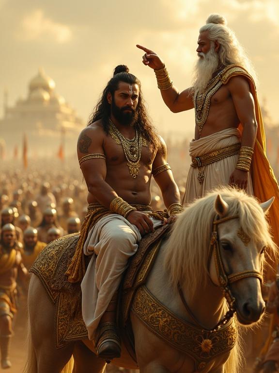An epic Mahabharata battlefield scene on a golden war chariot. Strong figure of Karna with a beard in shining armor shows confidence. Bheeshma stands pointing, clothed in white garments with silver ornaments and divine aura. Soldiers in traditional armor surround them. Background displays vast Kurukshetra battlefield with distant armies and flags. Style includes mythological theme and hyper-detailing with golden tones.