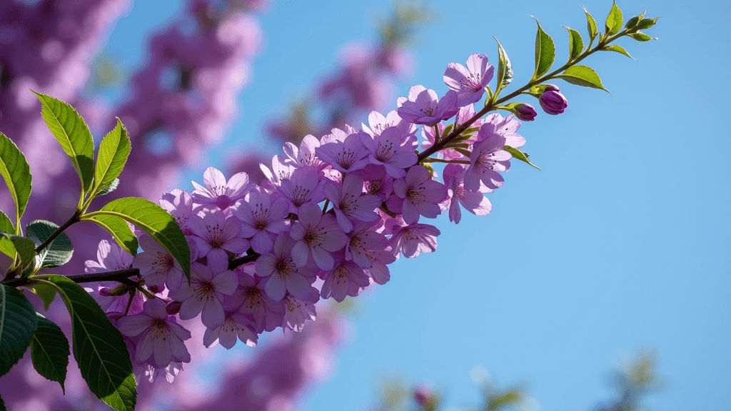 A branch of delicate pink flowers stands against a clear blue sky.