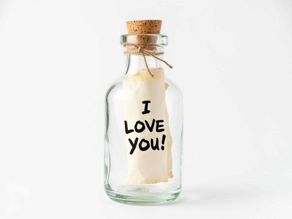 A clear glass bottle placed on a plain white background. Inside the bottle, there is a tightly rolled piece of paper, tied with a simple brown twine. The paper is slightly wrinkled, suggesting it has been aged or weathered. On the visible part of the paper, the words "I LOVE YOU!" are written in a handwritten style, adding a personal touch. The cork of the bottle is natural wood, giving a rustic feel to the overall image.