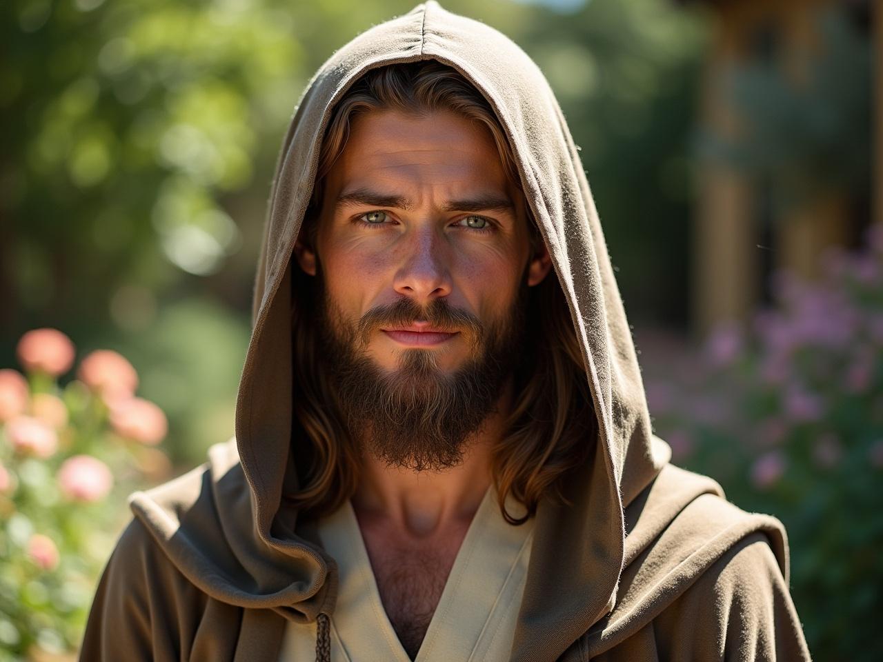 A young man with long hair and a beard is standing outdoors. He has a calm expression on his face and is wearing a Jedi hood. The background shows greenery and flowers, contributing to a serene atmosphere. The hood creates a mysterious aura around him. Sunlight gently highlights his features, creating a warm ambiance.