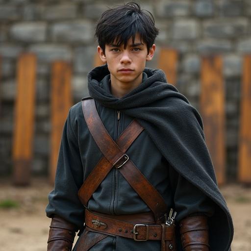 Teenage boy stands in a medieval training ground. He displays a composed expression with a hardened gaze. Medium-length tousled black hair. Slim yet defined muscular build visible. Wearing lightweight scout armor with a dark leather jerkin, flexible leather bracers, and gloves. Draped in a dark hooded cloak. Utility belt with small pouches. A sheathed short sword and compact bow across back. Clothing shows signs of training and use. Stance is upright and alert. Soft natural lighting creates subtle shadows. Earthy muted color palette enhances atmosphere.