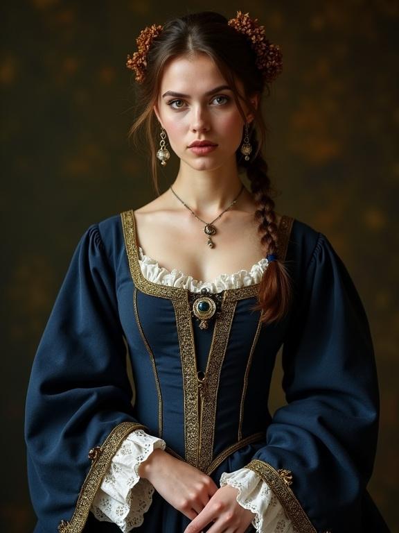 Young noblewoman in 1750s attire. She wears a dark blue dress with gold details. The dress features a large bust, thin waist, and elegant structure. She has a necklace and earrings. Her brown hair is styled elegantly. The noblewoman gazes over her shoulder with a look of disdain. Her hands rest gracefully in front of her.