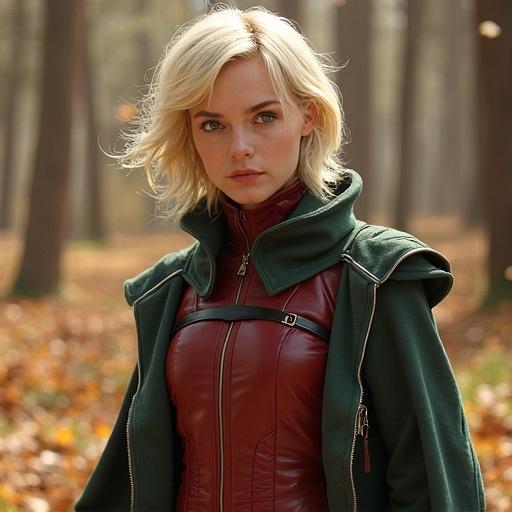 Gwen Tennyson character in a forest setting. She has blonde hair, wearing a red and green outfit. Outdoor scene showcases autumn leaves in background.