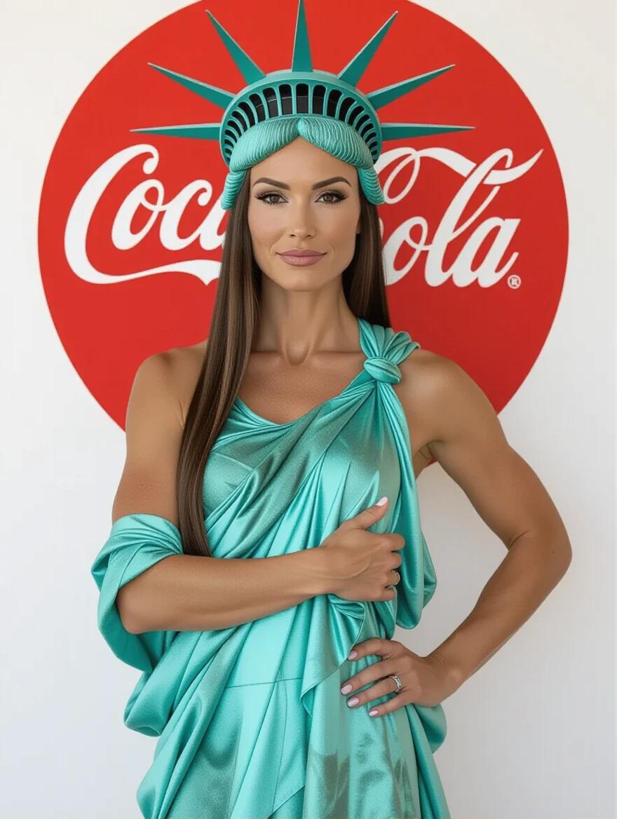 Woman cosplaying as the Statue of Liberty. She has long dark brown hair and a serious expression. Right arm crosses her chest. Left hand on right hip. Light brown skin tone. Defined jawline and high cheekbones. Background has red circle with white Coca-Cola logo. Positioned off-center to the right. Eye-level camera angle. Even lighting. Medium close-up shot from hips to head. Overall composition is symmetrical. Late 20s to early 30s appearance.