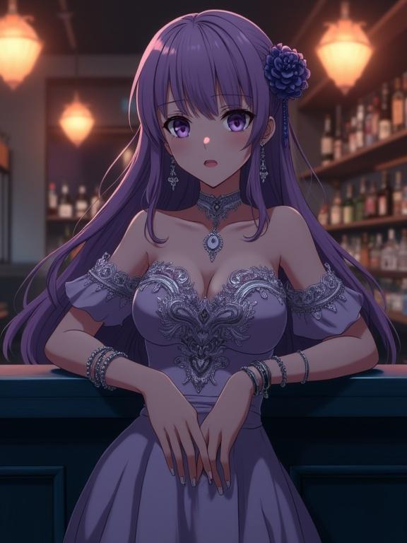 A woman with long violet hair and violet eyes stands against a dark counter in a cozy bar. The setting is dimly lit. She wears an intricate off-the-shoulder gown with silver embellishments. A choker necklace and elaborate earrings complete her look. The bar in the background has shelves filled with liquor bottles. Warm-toned chandeliers illuminate the scene.