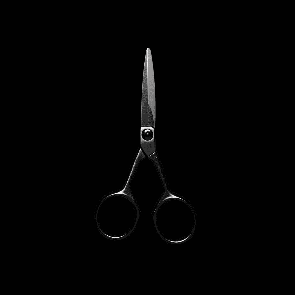 A pair of stainless steel scissors is elegantly showcased against a stark black background, highlighting its sharp, sleek design and shiny surface.