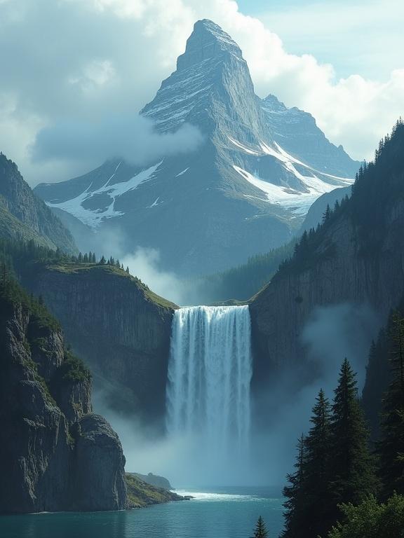 Mountain landscape with a waterfall. Waterfalls pour down from the mountain. Mist surrounds the mountain peak.