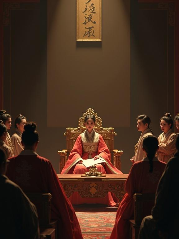 Dimly lit royal court in 16th-century Joseon Korea. Queen Munjeong sits on a golden throne in elaborate hanbok. Eyes cold and calculating. Ministers look uneasy. Shadows hint at conspiracies.