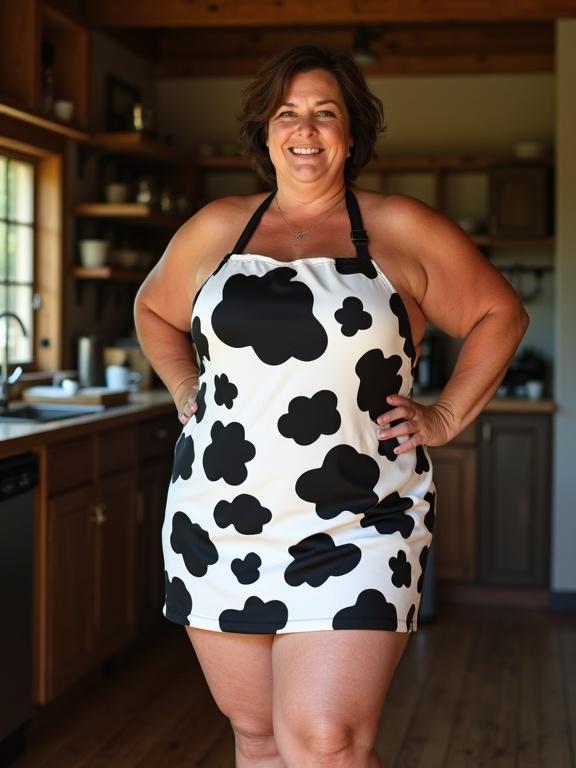 Full-body photo of a mature plus-size woman in a cow-patterned apron standing confidently in a farmhouse kitchen. She has a healthy tan and shows wisdom through slight wrinkles. Her hairstyle is short and slightly wavy. The apron suggests a nude look while being family-friendly, and her expression is warm and mischievous. Kitchen utensils might be present, and the background is rustic with no people.