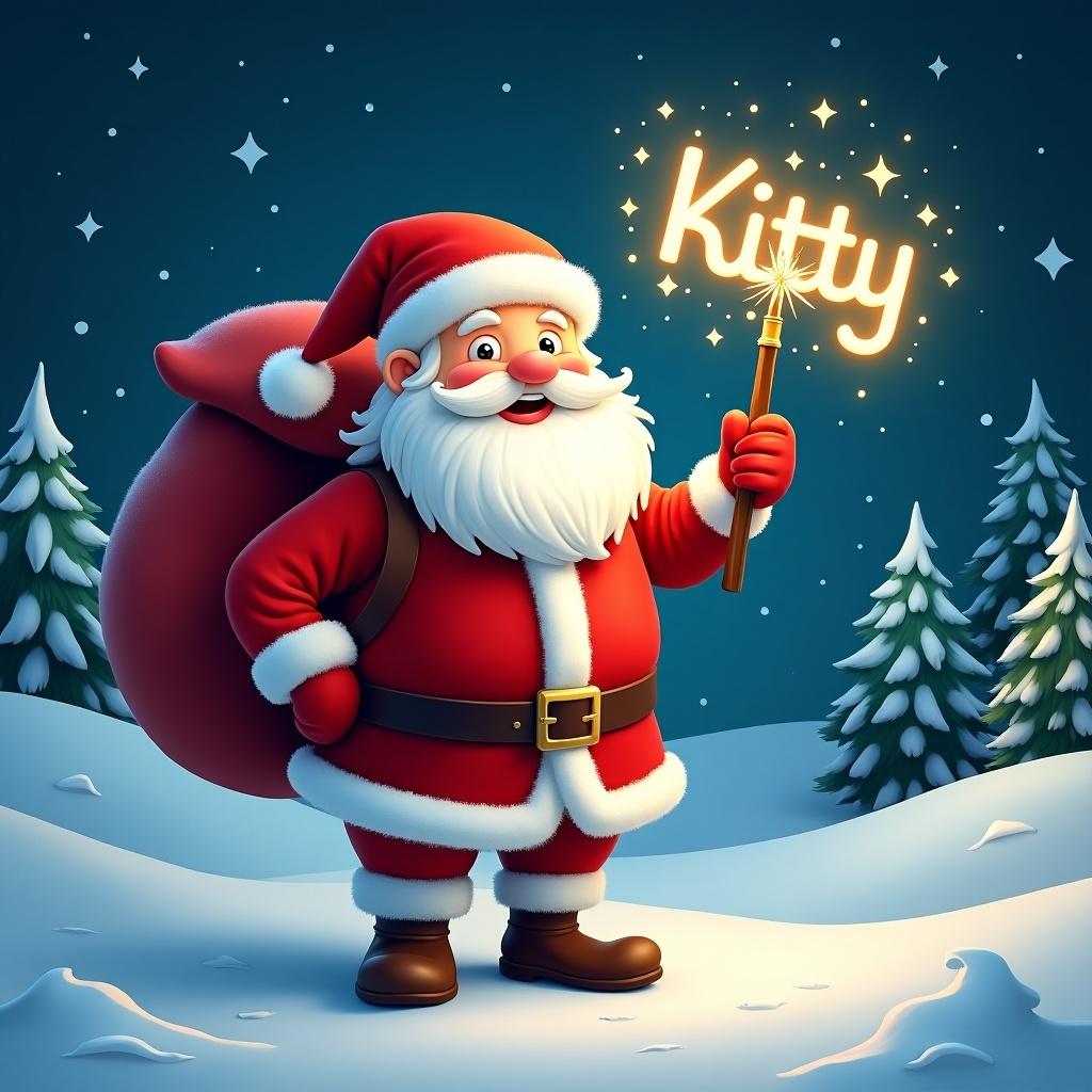 Cheerful Santa Claus stands in a snowy landscape with a red sack. He holds a sparkly wand with the name 'Kitty' glowing. Night sky with stars and pine trees creates a festive atmosphere.