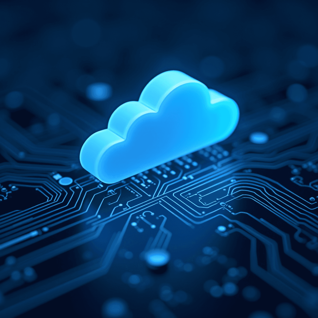 A glowing blue cloud icon sits on a dark circuit board, representing cloud technology.