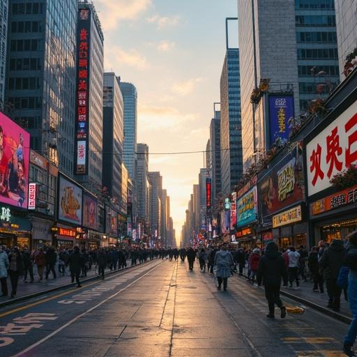 A vibrant urban scene in Tokyo showcasing a bustling street filled with people. Skyscrapers line both sides of the street with colorful animated advertisements. The sun sets in the background, casting an orange glow. The perspective captures the depth of the avenue leading toward the horizon.
