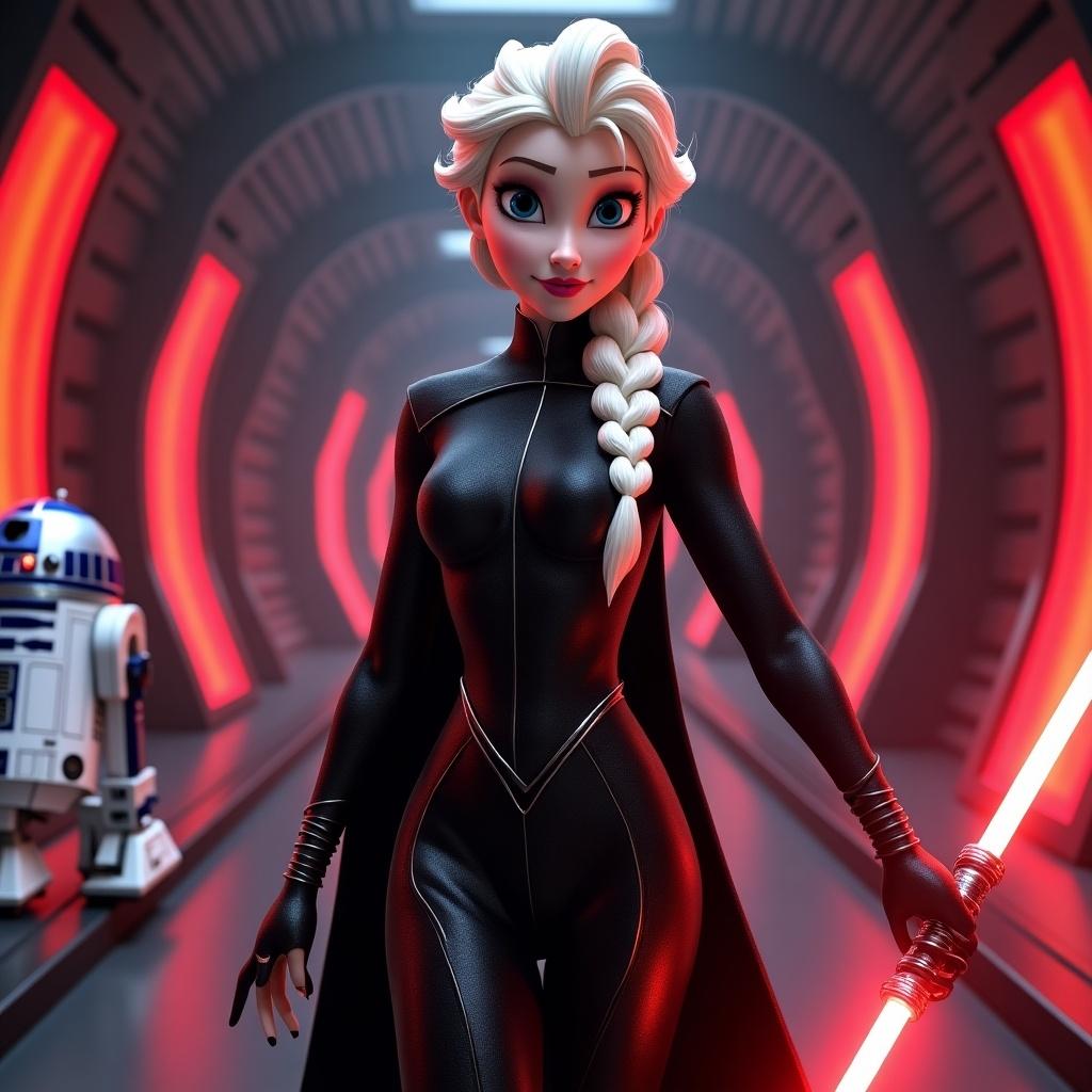 Highly detailed 3D rendered image of Elsa as a Sith Lord. Elegant blonde hair in braid. Soft lighting highlights features. Dark sleek gown with shimmering textures. Wields glowing red lightsaber. Dramatic action-ready pose with confident expression. Background features Star Wars-themed setting with glowing tones. Includes droid like R2-D2 for depth.