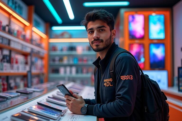 A vibrant mobile phone shop in Tehran featuring a wide array of smartphones on display. The shop is adorned with attractive decorations. A young seller engages with customers while holding a smartphone. The modern lighting enhances the inviting atmosphere.