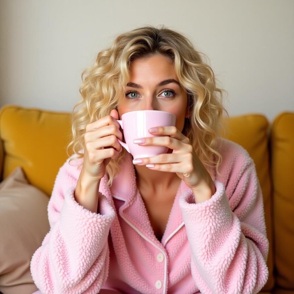 Image depicts a thirty-year-old woman with blonde curls. She is seated on a golden sofa, sipping tea from a pink cup. She wears a fluffy pink pajamas. Her eyes shine playfully from behind the cup.