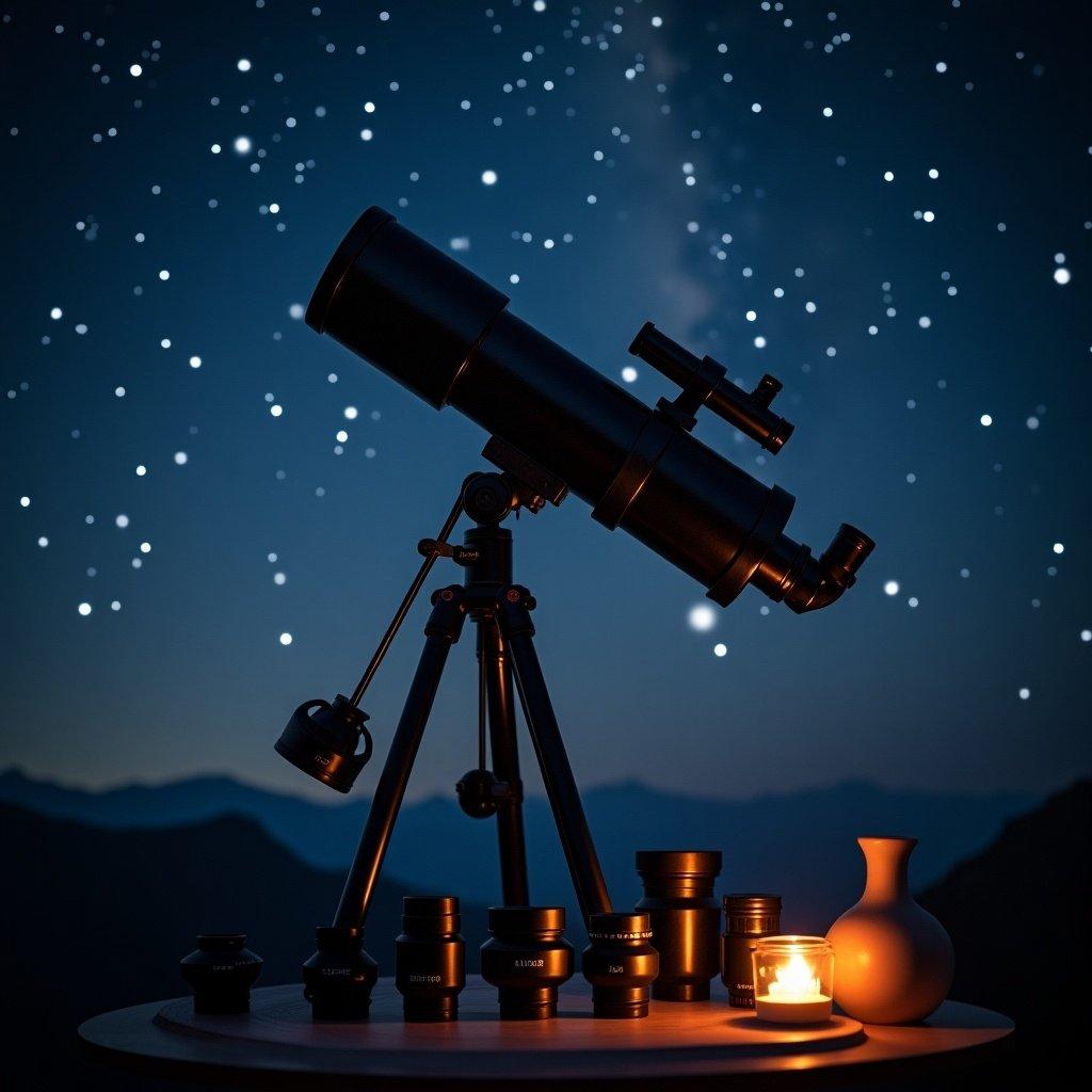 A sleek black telescope on a tripod under a starry night sky. Eyepieces arranged beside the telescope. A candle glows softly in the scene, creating a tranquil atmosphere. Suggests a passion for astronomy and exploration of the universe.