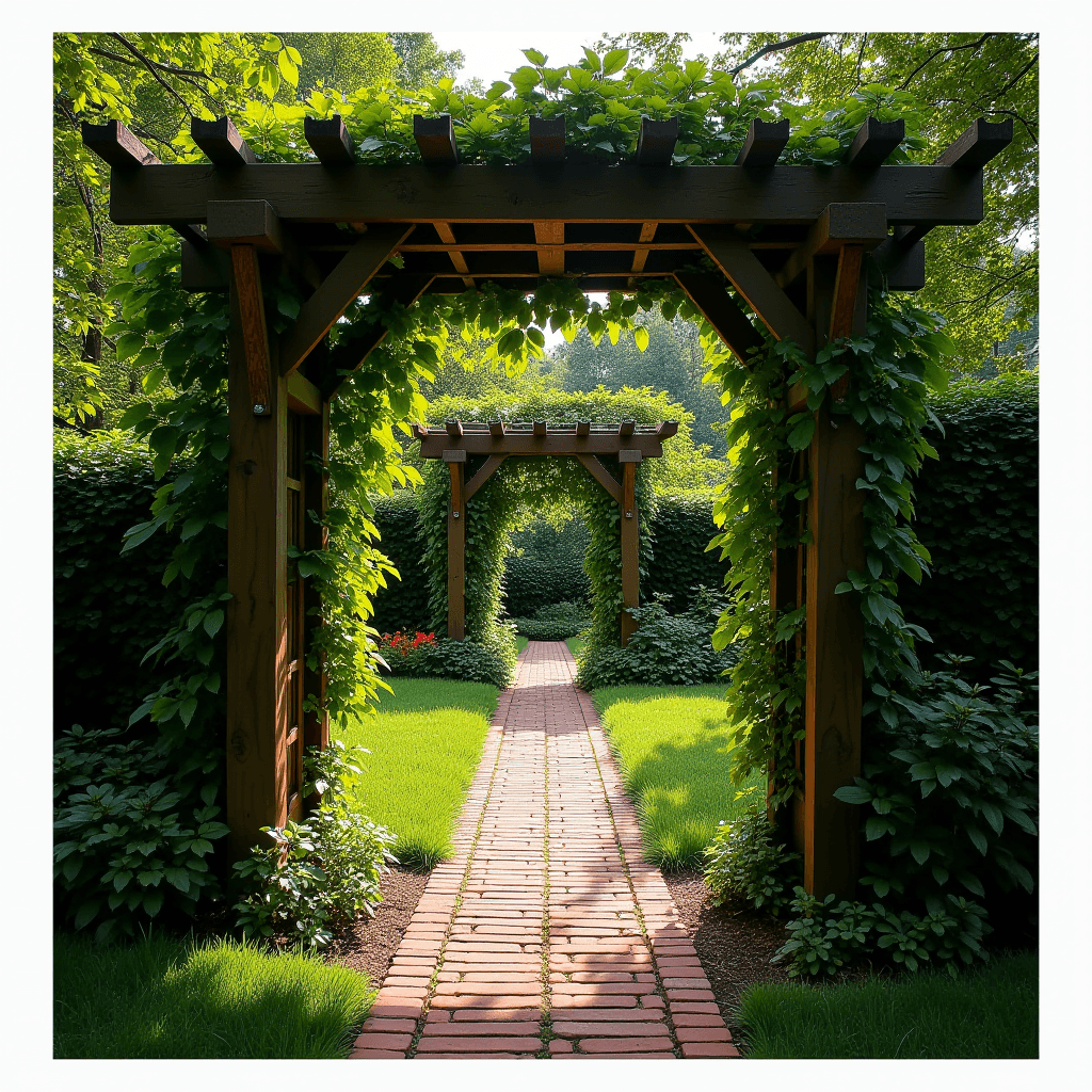 A serene garden pathway lined with lush greenery and wooden archways.